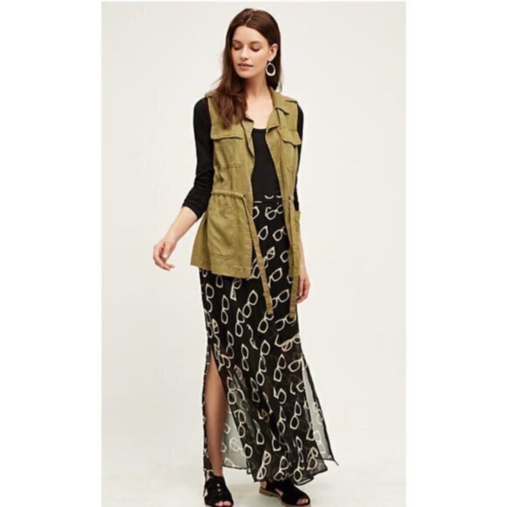 Anthropologie Eva Franco 6 Maxi Skirt Black Tan Bookish Sheer Overlay Glasses